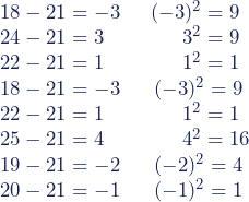 \\ 18-21&=-3\,\,\,\,\,\,\,\,\,(-3)^2=9 \\ 24-21&=3\,\,\,\,\,\,\,\,\,\,\,\,\,\,\,\,\,\,\,\,\,\,\,3^2=9 \\ 22-21&=1\,\,\,\,\,\,\,\,\,\,\,\,\,\,\,\,\,\,\,\,\,\,\,1^2=1 \\ 18-21&=-3\,\,\,\,\,\,\,\,\,\,(-3)^2=9 \\ 22-21&=1\,\,\,\,\,\,\,\,\,\,\,\,\,\,\,\,\,\,\,\,\,\,\,1^2=1 \\ 25-21&=4\,\,\,\,\,\,\,\,\,\,\,\,\,\,\,\,\,\,\,\,\,\,\,4^2=16 \\ 19-21&=-2\,\,\,\,\,\,\,\,\,\,(-2)^2=4 \\ 20-21&=-1\,\,\,\,\,\,\,\,\,\,(-1)^2=1